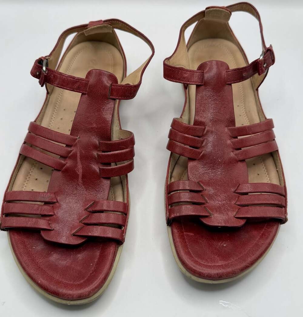 ECCO Red Leather Sandals Size 41 Gladiator Strappy Flat - Picture 6 of 8